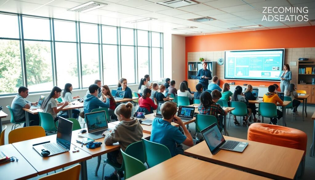 A bustling interactive learning environment, filled with engaged students and an array of high-tech devices. Bright, airy classroom with large windows allowing natural light to pour in, casting a warm, inviting glow. Students seated at modern, modular desks, collaborating on digital tablets and laptops, immersed in dynamic educational software. The teacher, an enthusiastic facilitator, guiding the class through a lesson, utilizing an interactive whiteboard and multimedia presentations. Vibrant colors, flexible seating, and a sense of exploration and discovery pervade the space, fostering a stimulating atmosphere for 21st-century learning.