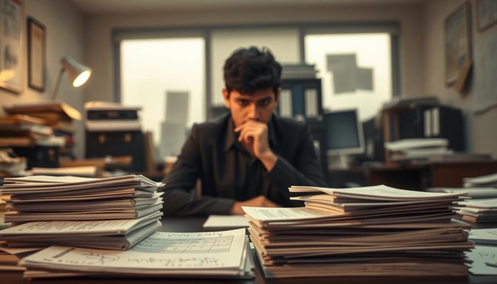 A dimly lit office setting, with a cluttered desk and scattered papers. The foreground features a stack of UGC NET exam papers, with haphazardly scribbled notes and crossed-out answers. The middle ground showcases a lone, perplexed student, hand on chin, struggling to make sense of the data in front of them. The background is blurred, but suggests a sense of academic pressure and the weight of the examination. The overall atmosphere conveys the common pitfalls and challenges faced by students during the data interpretation section of the UGC NET exam.