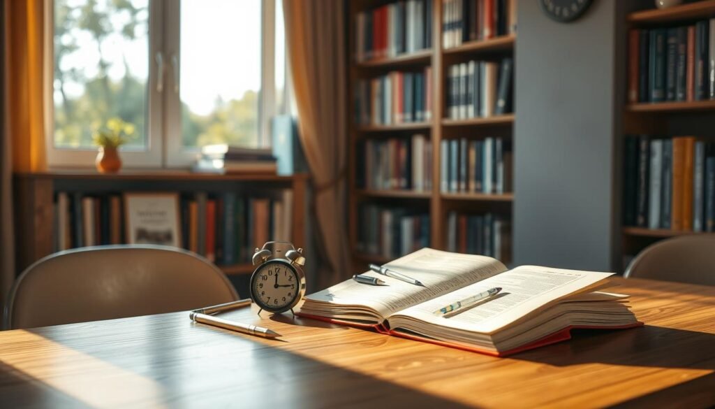 A peaceful study nook with an open book, stationery, and a timer on a wooden desk. The lighting is warm and natural, casting soft shadows. In the background, a bookshelf filled with academic texts and a window overlooking a tranquil outdoor scene. The overall atmosphere is one of focus, organization, and effective time management for UGC NET preparation.