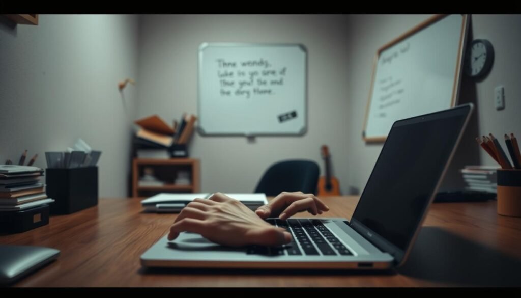A serene study nook with muted lighting, minimal clutter, and a laptop on a wooden desk. The focus is drawn to a pair of hands typing intently, the fingers moving with precision. In the background, a wall-mounted whiteboard displays a few carefully written notes, hinting at a thoughtful, organized approach to studying. The atmosphere is one of deep concentration, with a sense of clarity and purpose pervading the scene. Warm, earthy tones create a cozy, distraction-free environment, encouraging the viewer to immerse themselves in the task at hand.
