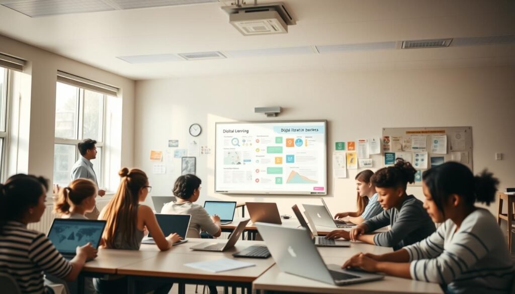 A serene, well-lit classroom setting with students of diverse backgrounds engaged in various digital learning activities. In the foreground, a group collaborates on laptops, sharing ideas and strategies for improving their digital literacy skills. The middle ground features an interactive whiteboard displaying infographics and tutorials, while the background showcases a collection of technology-themed posters and resources. Soft, natural lighting filters through large windows, creating a warm and inviting atmosphere conducive to learning.