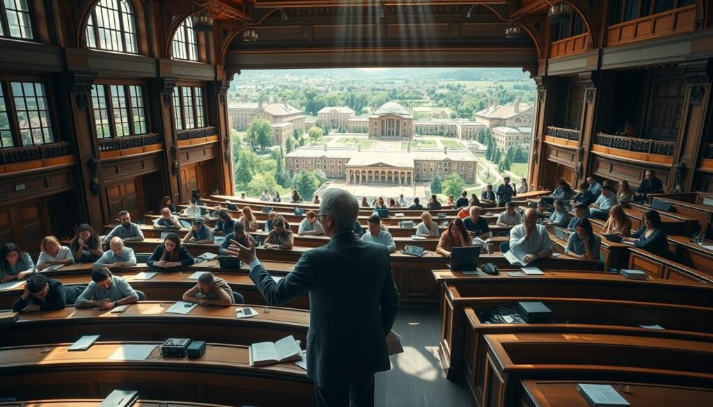 A grand lecture hall with rows of oak desks, sunlight streaming through large windows, illuminating academics in deep contemplation. In the foreground, a professor gestures animatedly, surrounded by attentive students taking notes. In the middle ground, researchers pore over books and laptops, engaged in lively discussions. The background reveals a sprawling campus, with stately buildings and verdant gardens, a hub of intellectual curiosity and discovery. The scene exudes an atmosphere of scholarly pursuit, where the thirst for knowledge and the spirit of inquiry define the essence of higher education research.