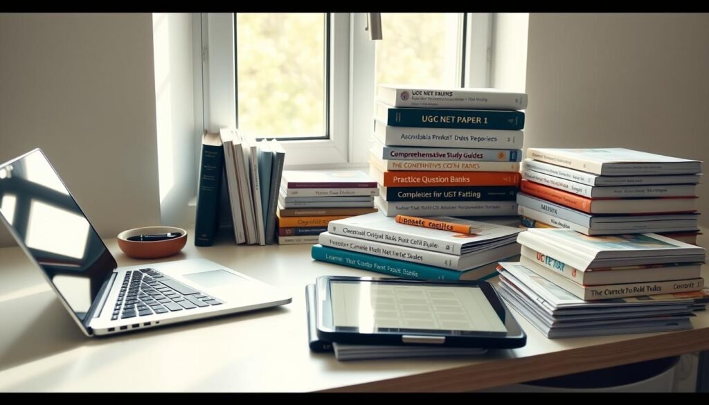 A neatly organized study desk with a laptop, textbooks, and stacks of UGC NET exam preparation materials. The desktop has a minimalist, clean aesthetic, with good natural lighting streaming in through a window, creating a warm and focused atmosphere. The materials include comprehensive study guides, practice question banks, and digital resources on a tablet, all carefully curated to help the learner succeed in the UGC NET Paper 1 exam. The overall scene conveys a sense of productivity, determination, and a structured approach to mastering the exam content.