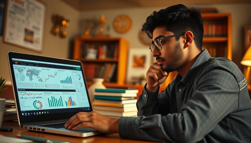 A vibrant and dynamic data analysis scene, illuminated by warm, focused lighting. In the foreground, a laptop display showcases intricate charts, graphs, and statistical visualizations, representing the analytical skills required for the UGC NET examination. The middle ground features a well-organized workspace, with textbooks, reference materials, and a thoughtful, focused individual engaged in deep study and preparation. The background subtly suggests an academic environment, with bookshelves, awards, and a sense of scholarly pursuit. The overall atmosphere conveys a balance of intellectual rigor, analytical precision, and a drive to excel in the UGC NET data analysis components.