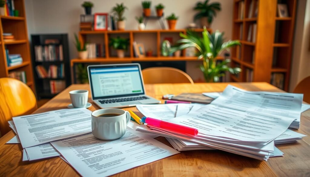 A vibrant and organized study guide, "UGC NET Paper1 mock tests" displayed on a wooden table, bathed in warm, natural lighting. In the foreground, the mock test materials are neatly arranged, including practice question papers, highlighters, and a cup of coffee, conveying a focused and productive study environment. The middle ground features a laptop or tablet, open to an online practice platform, while the background showcases a cozy, inviting home office setting with bookshelves and potted plants, creating a sense of calm and diligence. The overall scene reflects a well-structured and engaging approach to revision, aligning with the "Tips for Effective Revision" section of the article.
