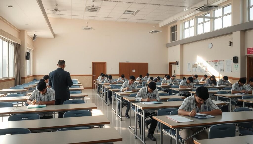 A well-lit, meticulously detailed interior of a NET exam center, with an organized arrangement of desks, chairs, and equipment. The center has a formal, professional atmosphere, conveying a sense of order and preparedness. Invigilators stand vigilantly at the front, ensuring the exam protocols are followed. Sunlight filters through large windows, casting a warm glow across the room. Candidates sit attentively, focused on their test papers. The scene evokes a sense of seriousness and importance, setting the stage for a successful and secure examination experience.