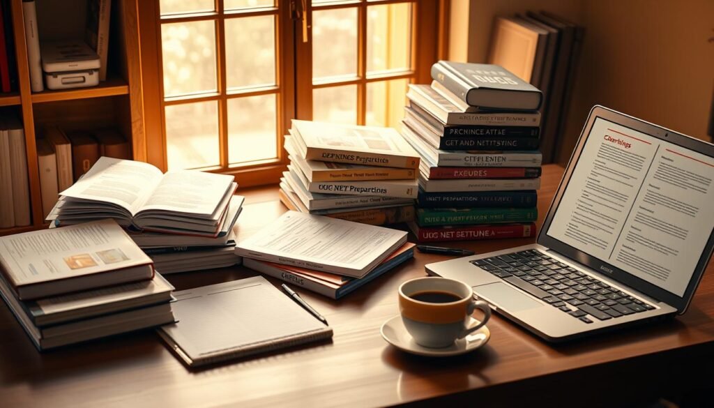 A well-organized study space with an array of UGC NET preparation materials, including textbooks, notebooks, and study guides, arranged neatly on a wooden desk. Warm, natural lighting filters through a nearby window, creating a focused and serene atmosphere. A laptop or tablet is open, displaying digital resources, while a cup of coffee sits nearby, hinting at the diligence and dedication required for success in the UGC NET exam. The overall composition conveys a sense of purposeful learning, with the materials suggesting a comprehensive approach to exam preparation.