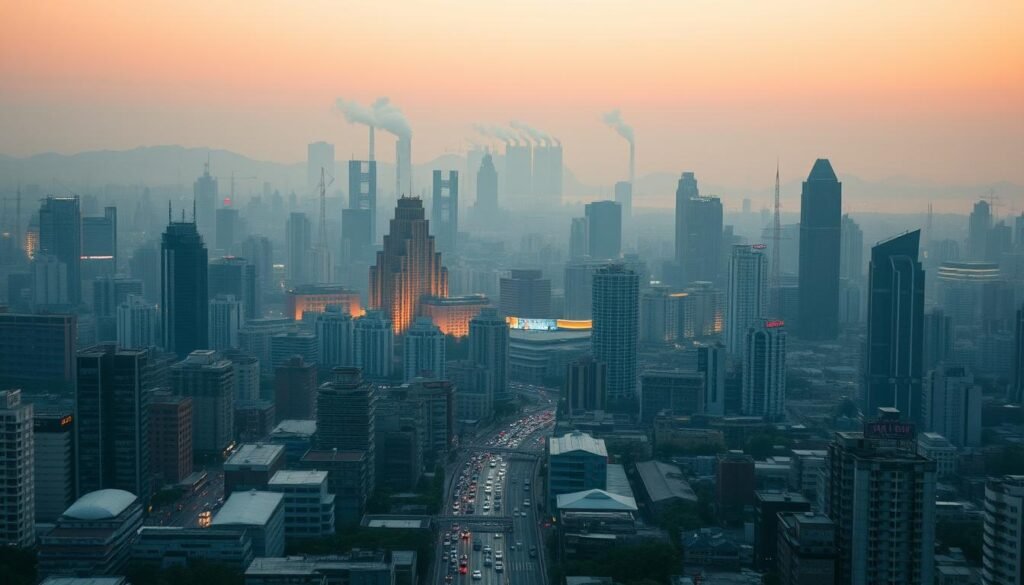 A bustling cityscape at twilight, skyscrapers and high-rises casting long shadows across a congested urban landscape. In the foreground, a tangled web of traffic gridlock, exhaust fumes obscuring the view. In the middle ground, towering apartment buildings and industrial complexes, their energy-hungry facades lit by an orange glow. The background fades into a hazy, polluted sky, dotted with billowing smokestacks and telecommunication towers. A scene of relentless expansion, the environmental costs of unchecked urbanization laid bare - a cautionary tale of progress at the expense of sustainability.