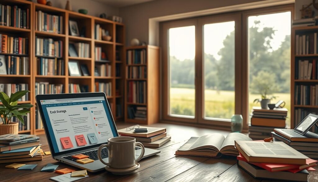 A cozy, well-lit study area with an array of online learning resources. In the foreground, a laptop displaying interactive practice exercises, surrounded by colorful sticky notes, a mug of coffee, and a stack of reference books. In the middle ground, a bookshelf filled with e-readers, tablets, and educational apps. The background features a large window overlooking a tranquil outdoor scene, bathing the space in warm, natural light. The overall atmosphere conveys a sense of focused productivity and a passion for continuous learning.