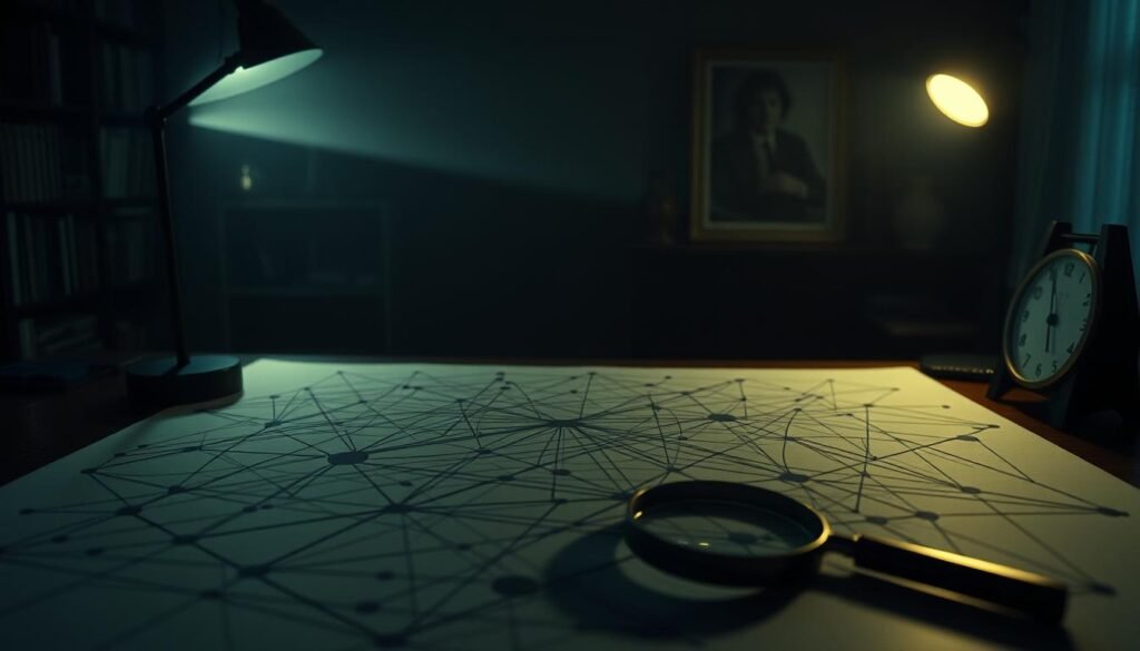 A dimly lit study, filled with the glow of a single desk lamp. On the table, a maze of interconnected lines and shapes, a visual representation of logical reasoning. Intricate patterns weave across the surface, inviting the viewer to unravel the complexities of deductive thought. The scene is punctuated by the soft ticking of a metronome, keeping time with the rhythm of contemplation. The atmosphere is pensive, yet focused, as if the very air is charged with the energy of problem-solving. A magnifying glass rests nearby, a tool for closer examination of the logical web, hinting at the depth of analysis required to navigate the nuances of statements and conclusions.