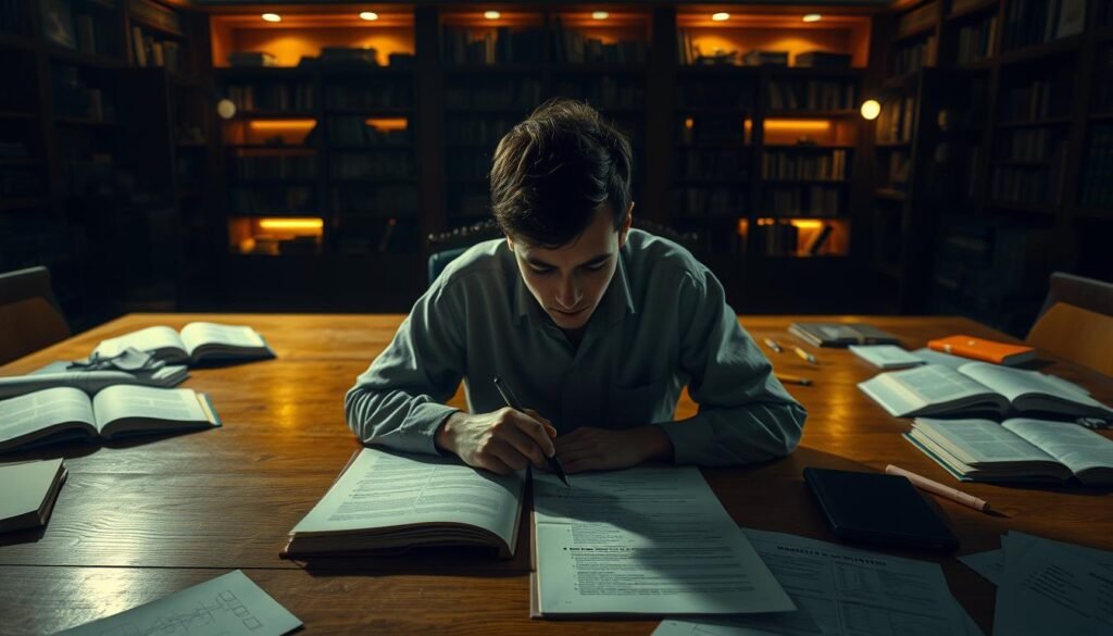A dimly lit study room, with a large oak desk at the center. On the desk, an open notebook and a pen, surrounded by scattered papers and open textbooks. The walls are lined with bookshelves, casting a warm, ambient glow. In the foreground, a person sits deep in thought, their brow furrowed, as they grapple with a complex mathematical problem. The lighting is soft, creating dramatic shadows that accentuate the intensity of their concentration. The atmosphere is one of focused determination, as the individual tackles the challenging task at hand, seeking a solution through careful reasoning and analysis.