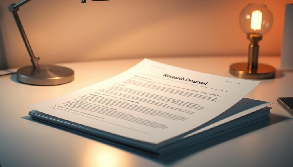 A neatly organized research proposal, with a clear structure and well-defined sections. The document is placed on a clean, minimalist desk, illuminated by a warm, focused desk lamp. The background is blurred, creating a sense of depth and focus on the proposal. The lighting casts subtle shadows, adding depth and dimension to the scene. The proposal pages are crisp and pristine, conveying a sense of professionalism and attention to detail. The overall mood is one of focused productivity and academic rigor, reflecting the subject of &quot;Crafting a Research Proposal&quot; within the broader context of &quot;Research Aptitude: Key Concepts &amp; How to Master Them.&quot;