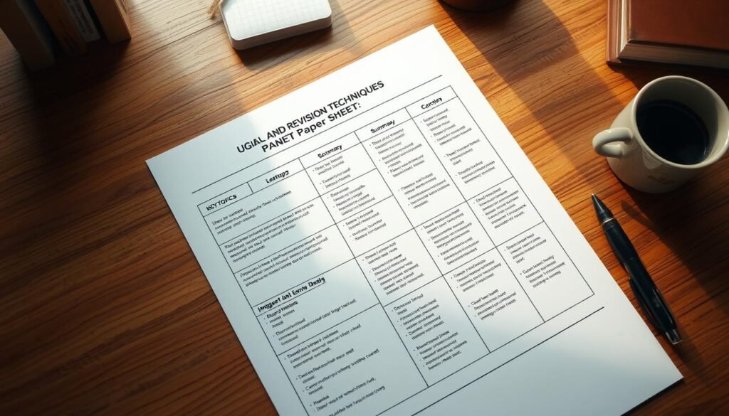 A neatly organized summary sheet for the UGC NET exam, lying on a wooden desk with a warm, natural lighting. The sheet features a clean, minimalist layout with key topics, test patterns, and important dates arranged in a visually appealing grid. Subtle textures and soft shadows add depth and realism to the scene. The overall mood is one of focus, productivity, and academic diligence, conveying the essence of the "Review and Revision Techniques" section for the UGC NET Paper 1 preparation.