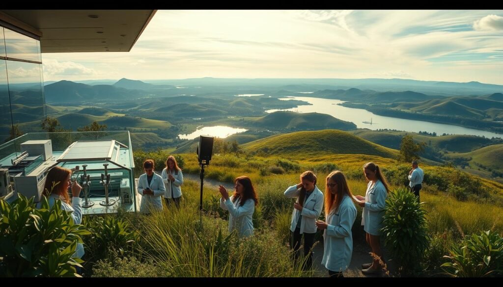 A panoramic scene of a modern eco-research facility nestled in a lush, verdant landscape. The foreground features a group of students and researchers engaged in hands-on experiments and fieldwork, their faces alight with curiosity and wonder. The middle ground showcases state-of-the-art laboratory equipment and cutting-edge technology, while the background depicts rolling hills, a shimmering lake, and a sky filled with wispy clouds. Warm, natural lighting bathes the entire scene, creating a sense of harmony and balance between the built environment and the natural world. The overall mood is one of discovery, innovation, and a deep respect for the wonders of the environment.