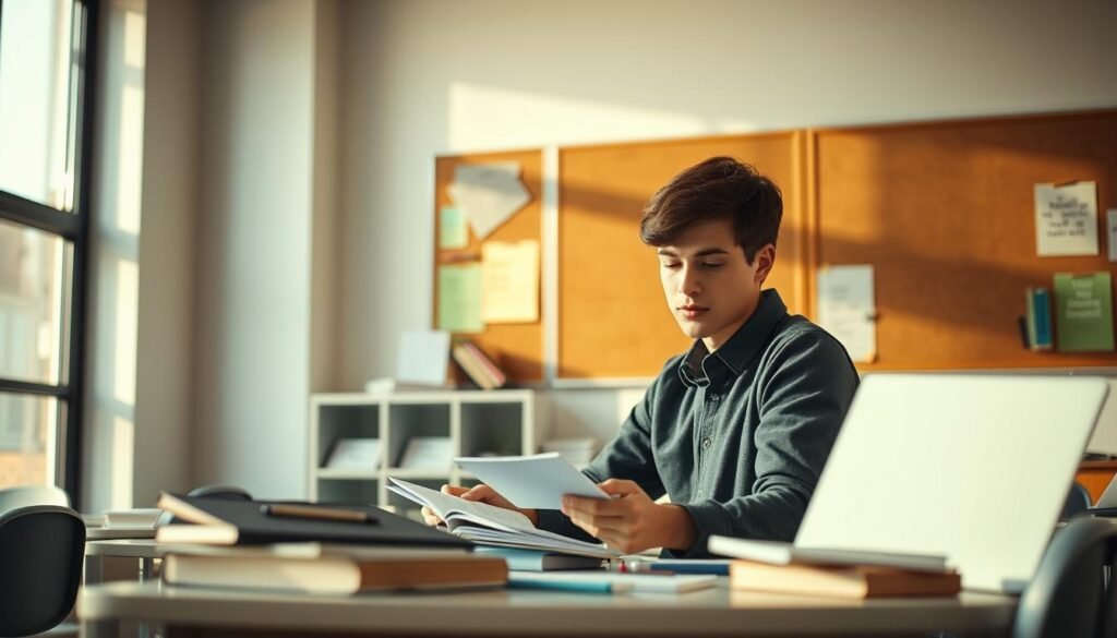A serene, well-lit classroom setting with a student diligently working on a test, surrounded by various study materials and resources. The student's posture and facial expression convey focus and determination. Soft, natural lighting filters in through large windows, creating a calming atmosphere. In the background, a corkboard displays encouraging reminders and strategies for test-taking success. The overall scene radiates a sense of preparation, confidence, and the student's commitment to academic achievement.