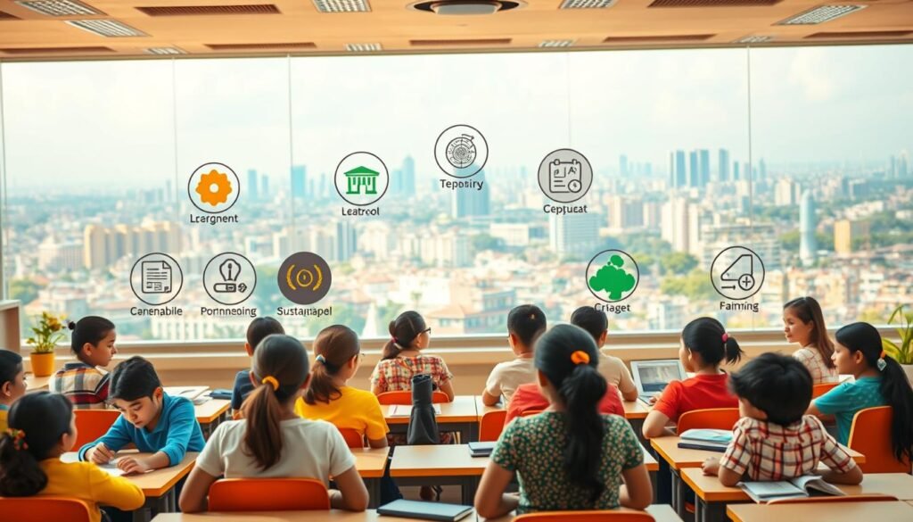 A vibrant and colorful scene showcasing the integration of the Sustainable Development Goals (SDGs) within the Indian education system. In the foreground, a diverse group of students engaged in collaborative learning, surrounded by visuals depicting the 17 SDG icons. The middle ground features a modern, well-equipped classroom with sustainable technology, emphasizing the emphasis on quality education and lifelong learning. In the background, a panoramic view of a bustling Indian city skyline, symbolizing the broader societal impact of the SDGs. Warm, natural lighting illuminates the scene, conveying a sense of optimism and progress. The overall composition highlights the holistic approach to embedding the SDGs into the fabric of Indian education, preparing students to become agents of sustainable change.