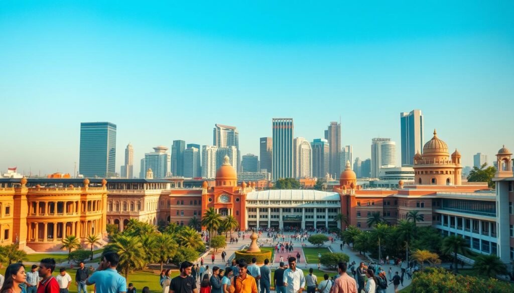 A vibrant, modern campus filled with diverse architectural styles, from grand colonial-era buildings to sleek, contemporary structures. In the foreground, students engage in lively discussions, while the middle ground showcases state-of-the-art research facilities and innovation hubs. The background is a skyline of towering skyscrapers, reflecting the dynamic and rapidly evolving higher education landscape in India. The scene is bathed in warm, golden sunlight, conveying a sense of progress, opportunity, and the fusion of tradition and modernity that characterizes private institutions in India.