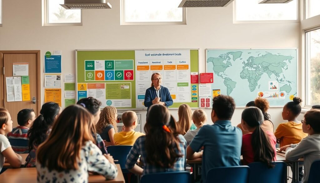 A vibrant, well-lit classroom scene, with sunlight streaming through large windows. In the foreground, a group of diverse students engaged in lively discussions, working together on a project related to the Sustainable Development Goals. The teacher, standing at the front of the class, guides the lesson, pointing to a large wall display showcasing the SDG icons and key information. The middle ground features colorful, interactive learning materials and educational posters highlighting the importance of SDG implementation in the classroom. In the background, a world map adorns the wall, emphasizing the global nature of the SDGs and their relevance to the students' education and future.