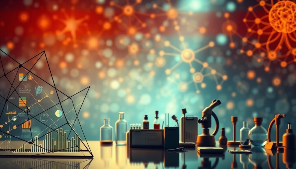 A visually striking and meticulously detailed illustration depicting the key elements of research design. In the foreground, a sleek geometric structure composed of intersecting lines, shapes, and data visualizations, illuminated by warm, directional lighting that casts intricate shadows. In the middle ground, a collection of scientific instruments and tools - beakers, microscopes, clipboards, and more - arranged in a harmonious, almost choreographed manner. The background features a blurred, ethereal landscape of interconnected neurons, synapses, and other neurological patterns, conveying the intricate cognitive processes involved in research. The overall mood is one of precision, innovation, and intellectual rigor, perfectly encapsulating the &quot;Research Design Elements&quot; concept.