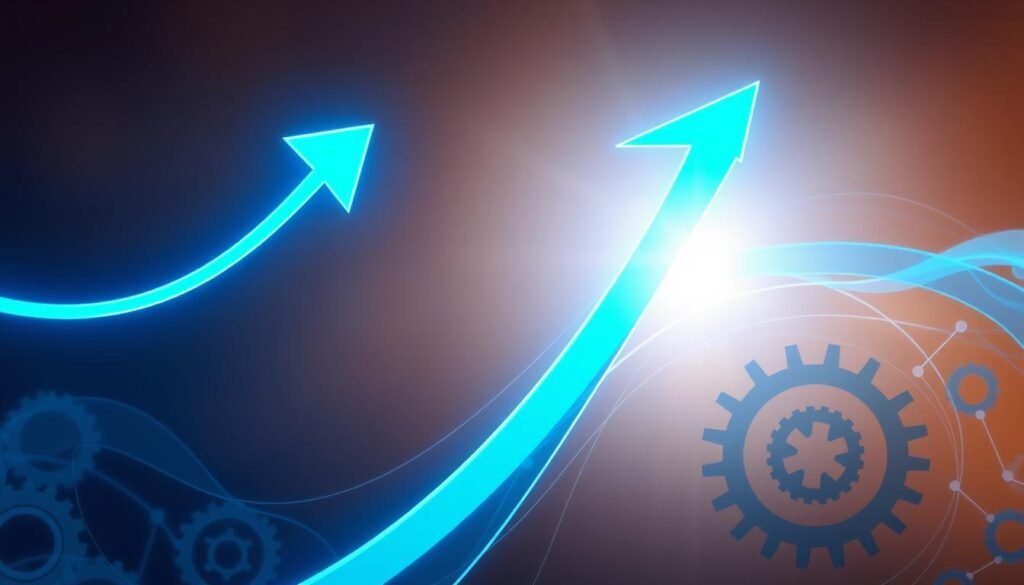 Flowing lines and geometric shapes intertwine, symbolizing the continuous cycle of improvement. In the foreground, a bright blue arrow curves upwards, its dynamic motion representing progress and growth. Surrounding it, abstract patterns of gears and cogs in shades of gray and silver convey the intricate mechanisms of optimization. The middle ground features a soft, ethereal glow, evoking a sense of enlightenment and clarity. In the background, a subtle gradient of warm hues adds depth and a contemplative atmosphere, inviting the viewer to ponder the nature of continuous improvement. Illuminated by a gentle, diffused light, the entire scene exudes a sense of harmony, balance, and the endless pursuit of betterment.