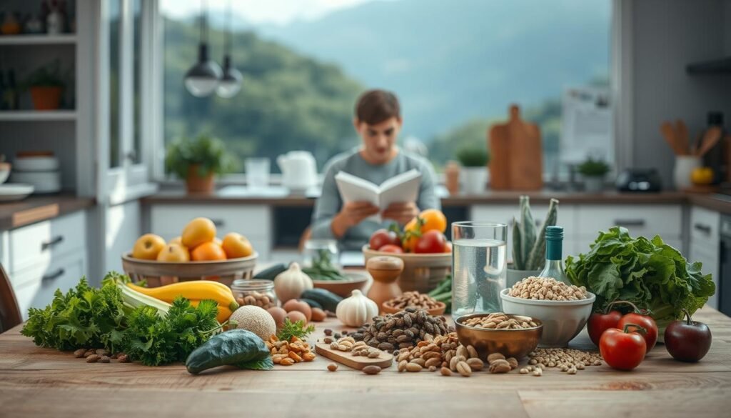 A bright, airy kitchen setting with a wooden table in the foreground, featuring a variety of healthy, vibrant ingredients such as fresh vegetables, fruits, nuts, and whole grains. In the middle ground, a person sitting at the table, intently focused on a notebook or laptop, surrounded by inspirational notes and a glass of water. The background depicts a serene, natural scene with soft, diffused lighting, conveying a sense of tranquility and focus. The overall mood is one of mindfulness, productivity, and nourishment for both the body and the mind.