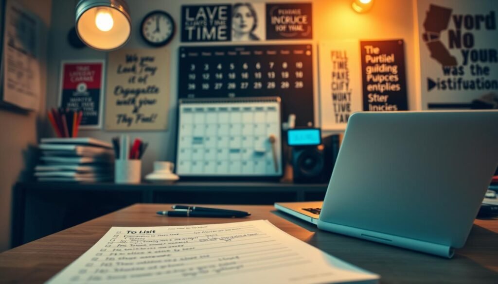 A carefully curated workspace with a desk, laptop, and study materials, bathed in warm, focused lighting. In the foreground, a to-do list and planner symbolize organized time management. The middle ground features a wall calendar and a timer, emphasizing the importance of scheduling and time tracking. In the background, inspirational quotes and motivational visuals create an atmosphere of productivity and determination, reflecting the dedication required for a Postgraduate Entrance Exam.
