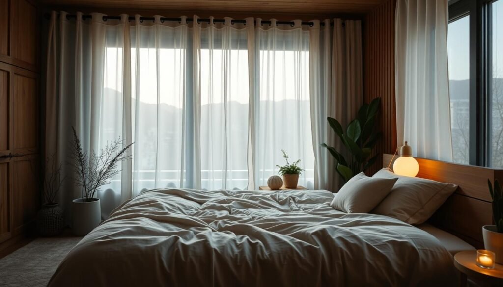 A cozy, dimly lit bedroom with soft, muted tones. Plush bedding in calming neutral hues, complemented by warm wood accents. A large, comfortable bed takes center stage, inviting restful slumber. Sheer curtains gently billowing in a light breeze, diffusing the natural moonlight. A few potted plants and a small, glowing table lamp create a serene, nature-inspired ambiance. The space exudes a sense of tranquility and relaxation, perfectly suited for a restful, sleep-conducive environment.