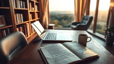A cozy study area with a wooden desk, bookshelves, and a comfortable chair. On the desk, an open notebook with handwritten notes on communication models, alongside a laptop and a cup of coffee. Soft, warm lighting illuminates the scene, creating a focused and contemplative atmosphere. In the background, a large window overlooks a serene, natural landscape, providing a sense of balance and inspiration. The overall composition suggests a dedicated space for thoughtful revision and strategic planning.