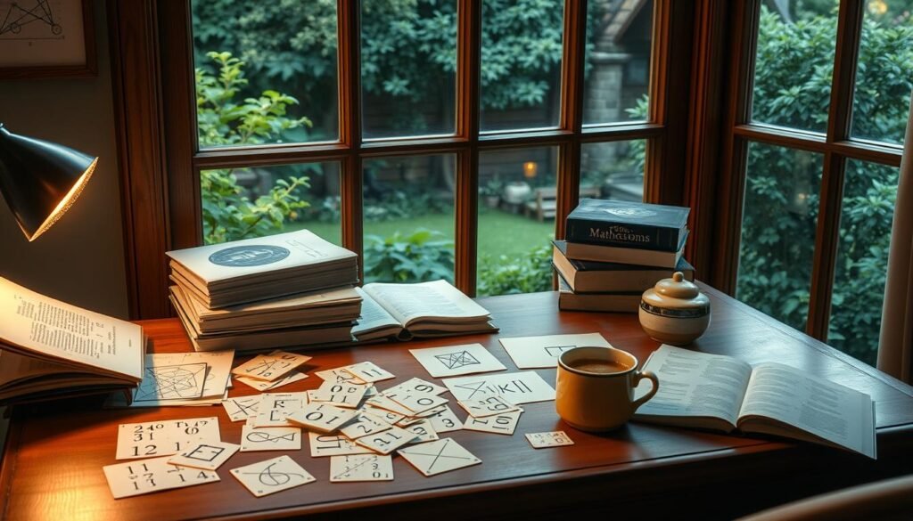 A cozy study nook with a wooden desk, a stack of books, and a mug of steaming tea. The desktop is scattered with mathematical puzzles, riddles, and symbols, hinting at the intellectual challenge within. Soft, warm lighting creates a contemplative atmosphere, while a large window in the background offers a glimpse of a lush, verdant garden, providing a sense of balance and tranquility. The scene evokes a feeling of serene focus, inviting the viewer to immerse themselves in the captivating world of mathematical reasoning.