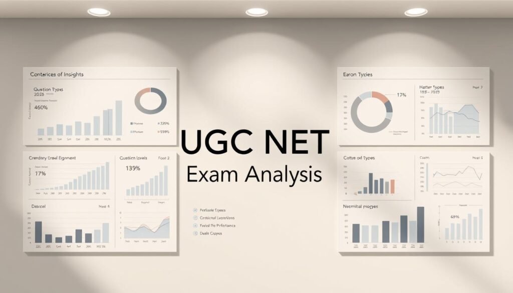 A detailed, data-driven analysis of the UGC NET June 2025 exam, showcased on a sleek, professional-looking infographic. The image depicts a clean, minimalist design with a focus on key statistics and insights. In the foreground, a series of neatly arranged graphs, charts, and data visualizations present an overview of the exam's difficulty, question types, and performance trends. The middle ground features a bold, centered title "UGC NET June 2025 Exam Analysis" in a modern, sans-serif font. The background is a soft, neutral color palette, creating a sense of balance and sophistication. Soft, directional lighting from the top left casts gentle shadows, adding depth and dimension to the composition. The overall mood is one of professionalism, clarity, and data-driven decision-making.
