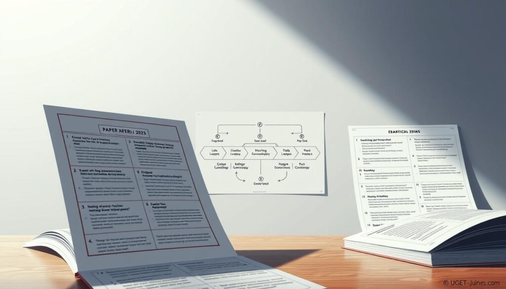 A detailed technical illustration of the UGC NET June 2025 Paper 1 exam pattern, captured in a high-resolution, meticulously rendered digital painting. The composition features a clean, minimalist layout with a crisp, professional aesthetic. The foreground showcases the key sections of the exam structure, highlighted with clear labeling and precise, technical diagrams. The middle ground showcases a schematic representation of the exam duration, marking points, and question types. The background blends subtle gradients and patterns, creating a sense of depth and sophistication. The lighting is soft and diffused, lending a sense of authority and credibility to the overall image. The angle is slightly elevated, providing an optimal, comprehensive view of the exam details.