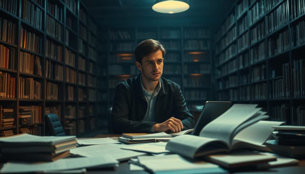 A dimly lit academic library, bookshelves lining the walls, casting warm shadows. In the foreground, a researcher sits at a desk, deep in thought, surrounded by scattered papers and open books. The room has a contemplative atmosphere, suggesting the importance of ethical considerations in the pursuit of knowledge. Soft, directional lighting illuminates the scene, drawing the viewer's attention to the researcher's pensive expression. The overall mood conveys the weight and responsibility of academic research, highlighting the need for integrity and moral principles.