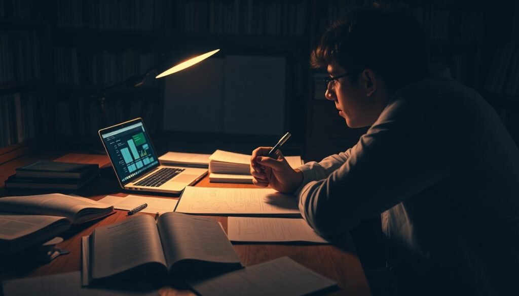 A dimly lit academic study, where a wooden desk sits amidst a sea of open books, scribbled notes, and a laptop flickering with data visualizations. Soft, warm lighting casts shadows that hint at the intense focus and deep contemplation of the "hypothesis development case study" at hand. A thoughtful researcher, their face partially obscured, leans over the desk, pen in hand, considering the next step in their investigative journey. The atmosphere is one of scholarly pursuit, where intuition and logic intertwine to uncover new insights and chart the course for future research directions.