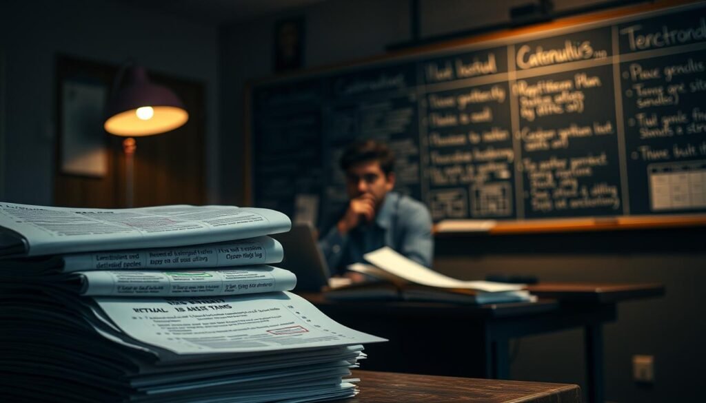 A dimly lit classroom setting, the UGC NET assessment challenges solutions take center stage. In the foreground, a stack of exam papers, the pages adorned with detailed annotations and highlighted sections, representing the meticulous analysis of common issues faced by candidates. In the middle ground, a thoughtful instructor, brow furrowed, contemplating effective strategies to address these challenges, the soft glow of a desk lamp illuminating their face. In the background, a chalkboard filled with carefully crafted lesson plans and methodologies, a testament to the diligent preparation required for this crucial examination. The atmosphere is one of focused intensity, conveying the importance of finding solutions to the assessment's complexities.