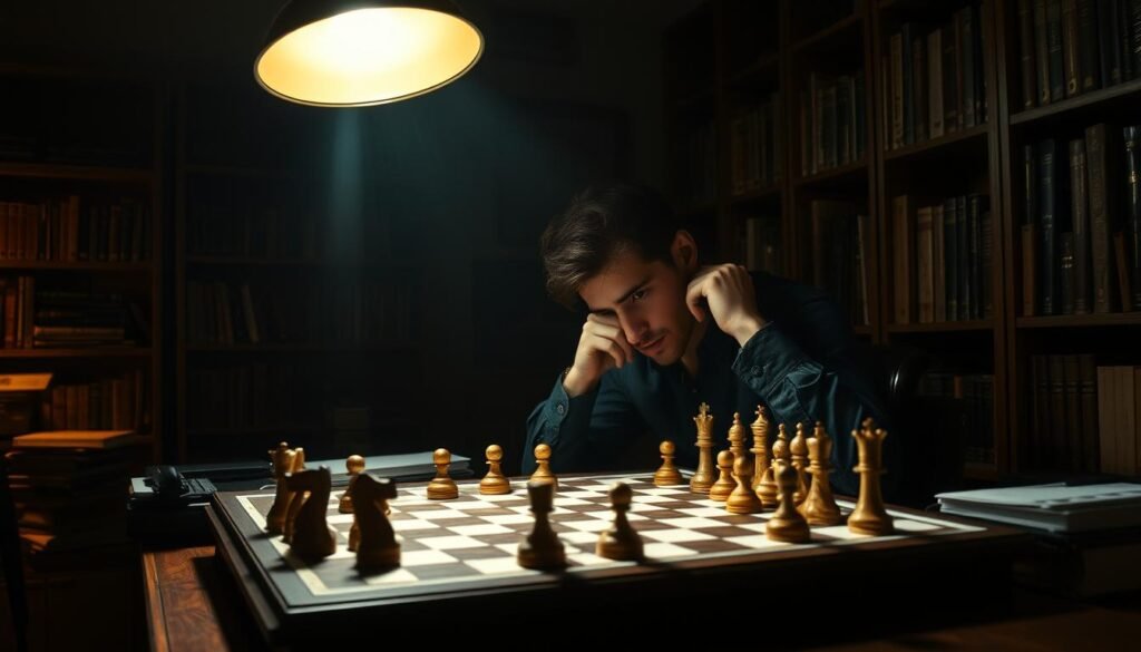 A dimly lit office setting, the air thick with concentration. On the desk, a chessboard with meticulously placed pieces, representing the intricate web of logical reasoning traps. The player, deep in thought, examines the board, their gaze piercing through the shadows. Surrounding them, bookshelves filled with tomes on critical thinking and problem-solving, casting a warm glow. Overhead, a single lamp casts a focused beam, illuminating the scene, inviting the viewer to delve into the mind's inner workings. The atmosphere exudes a sense of challenge and intellectual rigor, setting the stage for an exploration of the common pitfalls that lie in wait for the unwary.