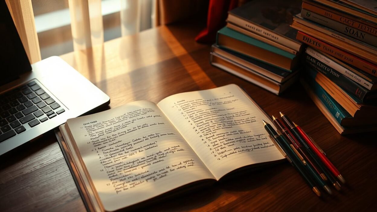 A dimly lit study desk with an open notebook, a variety of pens, and a laptop. The notebook pages are filled with neatly organized handwritten notes, bullet points, and highlighted sections. Beside the notebook, a stack of textbooks and reference materials create a sense of focused learning. Warm, natural lighting from a nearby window casts a soft glow, creating a contemplative atmosphere ideal for note-taking and exam preparation. The overall scene conveys a sense of productive, methodical study habits for the UGC NET exam.