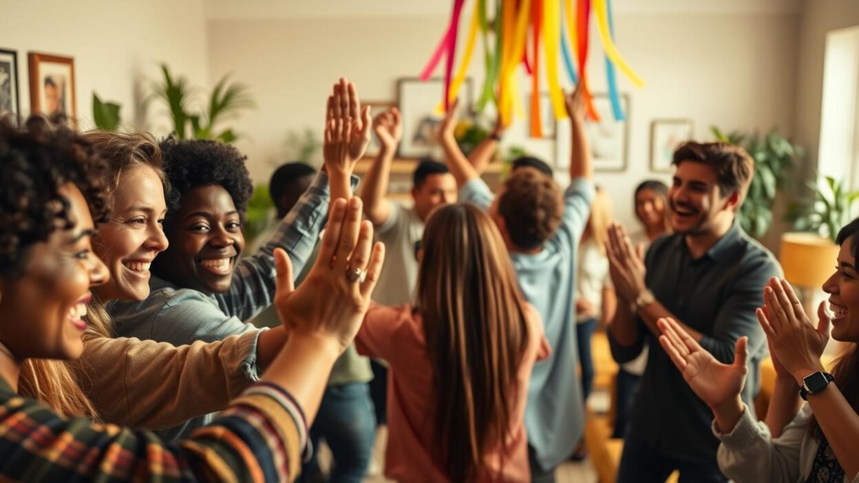 A group of diverse individuals joyfully celebrating small accomplishments. The foreground features close-up portraits of smiling faces, hands high-fiving, and people hugging one another. The middle ground shows a lively scene of people clapping, dancing, and raising colorful streamers against a warm, golden-hued lighting. The background depicts a cozy, inviting indoor space with plants, artwork, and comfortable furniture, creating a sense of community and togetherness. The overall mood is one of genuine enthusiasm, camaraderie, and a shared appreciation for the value of recognizing and reveling in life's little victories.