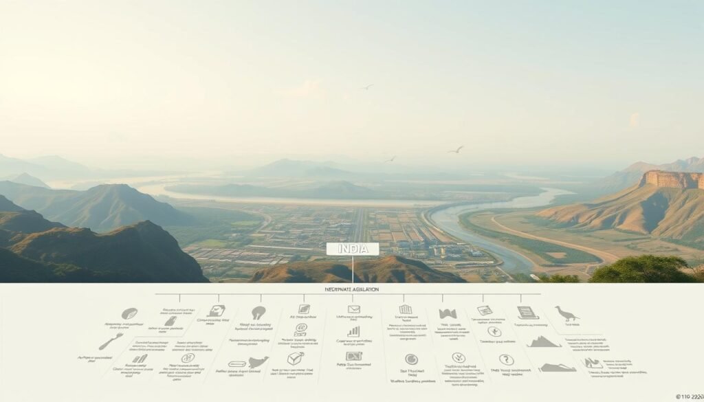 A high-quality digital illustration showcasing the intricate environmental policy legislation framework in India. The foreground depicts a detailed schematic diagram of the key laws, regulations, and governing bodies that shape environmental protection in the country. The middle ground features icons and infographic elements highlighting specific policy pillars such as air pollution control, water resource management, and wildlife conservation. In the background, a sweeping panoramic view of the diverse Indian landscapes - from the majestic Himalayas to the sun-drenched coastlines - serves as a visual metaphor for the nationwide scope of environmental legislation. The artwork is rendered in a clean, minimalist style with a muted color palette, creating a sense of authority and seriousness befitting the subject matter.