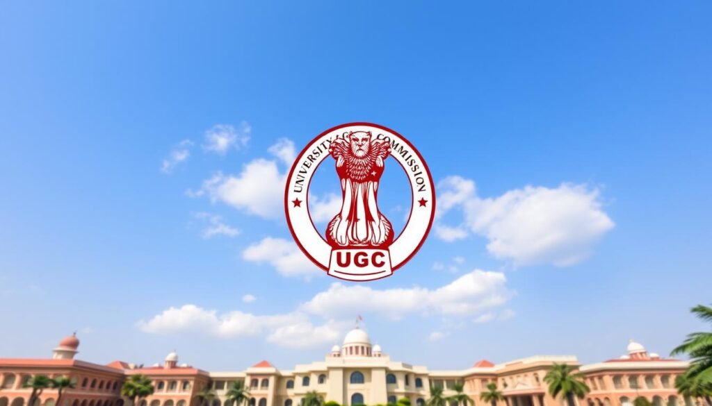 A high-resolution image of the University Grants Commission (UGC) logo and official seal, set against a backdrop of academic buildings and a clear blue sky. The logo appears in the foreground, prominently displayed, with its distinct design and colors capturing the authority and influence of the UGC. In the middle ground, several university campuses can be seen, representing the diverse institutions that the UGC oversees and governs. The overall scene conveys a sense of knowledge, progress, and the UGC's pivotal role in shaping India's higher education landscape.
