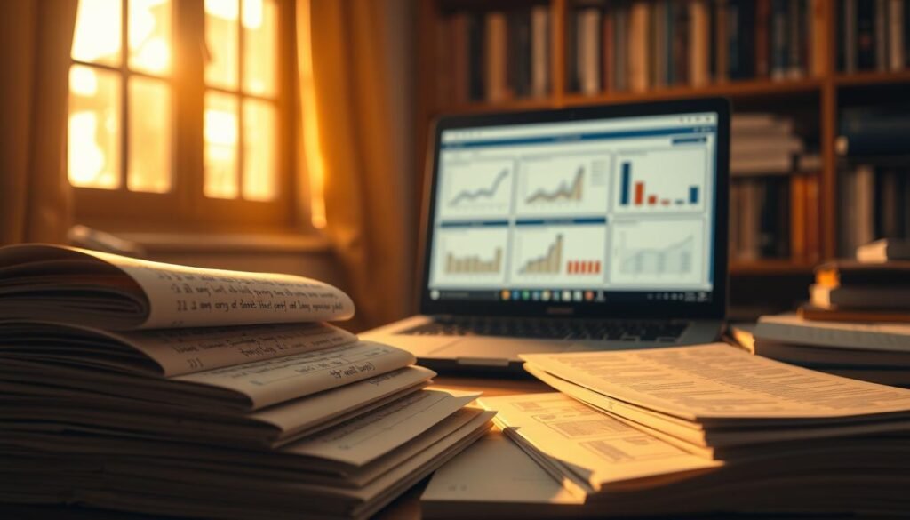 A meticulously crafted analysis of UGC NET previous year question papers, illuminated by warm sunlight filtering through a window. In the foreground, a stack of marked-up test booklets and notes, meticulously organized. In the middle ground, a laptop displaying graphs and charts, with a focused academic atmosphere. The background features a bookshelf filled with reference materials, creating a sense of scholarly dedication. The lighting is soft and inviting, casting a contemplative mood over the scene. The composition is balanced, drawing the viewer's eye to the central elements of the analysis process. An image that truly captures the essence of the "Analyzing Previous Year Papers" section.