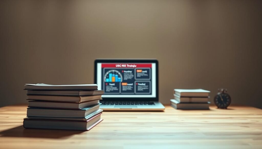 A minimalist composition with a clean, professional aesthetic. In the foreground, a stack of books and study materials related to the UGC NET ICT exam, neatly arranged on a wooden desk. The middle ground features a laptop displaying exam preparation strategies, with a stylized graph or diagram highlighting key topics. The background has a soft, blurred gradient in muted tones, creating a sense of focus and depth. Subtle lighting from the side casts gentle shadows, emphasizing the textures and details of the scene. An overall atmosphere of preparation, organization, and diligence, conveying the last-minute tips for the UGC NET exam.
