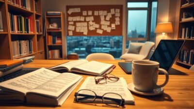 A neatly organized study desk with a laptop, open textbooks, and a cup of coffee. The foreground features a stack of handwritten revision notes and a pair of eyeglasses, conveying a focused and diligent atmosphere. The middle ground shows a corkboard with sticky notes and mind maps pinned up, representing the strategic planning process. In the background, a bookshelf filled with education-related volumes and a window offering a calming view of a city skyline. Warm, focused lighting casts a studious ambiance, capturing the essence of last-minute preparations for the UGC NET Teaching Aptitude exam.