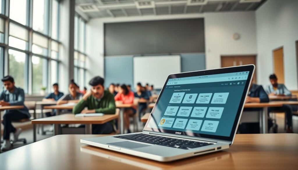A pristine, modern classroom setting with state-of-the-art digital learning technology. In the foreground, a sleek laptop displays an interactive UGC NET online coaching platform, its interface intuitive and engaging. In the middle ground, rows of study desks are occupied by focused students, their expressions intent as they navigate the platform's comprehensive study materials and practice tests. The background features large windows, allowing natural light to flood the space and create a warm, productive atmosphere. The overall scene conveys the seamless integration of technology and higher education, fostering an efficient and enriching learning experience for aspiring UGC NET candidates.