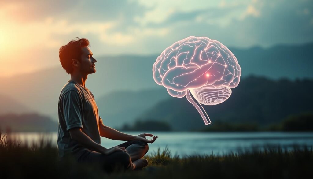 A serene and contemplative scene showcasing the intricate connection between mindfulness and brain function. In the foreground, a cross-legged figure sits in a meditative pose, their face radiating a sense of calm focus. The middle ground features a stylized rendering of the human brain, its neural pathways illuminated with a soft, ethereal glow. The background depicts a tranquil, nature-inspired setting, with soothing hues of blue and green creating a sense of balance and harmony. The lighting is soft and diffused, casting a warm, introspective mood over the entire composition. The angle is slightly elevated, allowing the viewer to observe the scene from a thoughtful, elevated perspective.