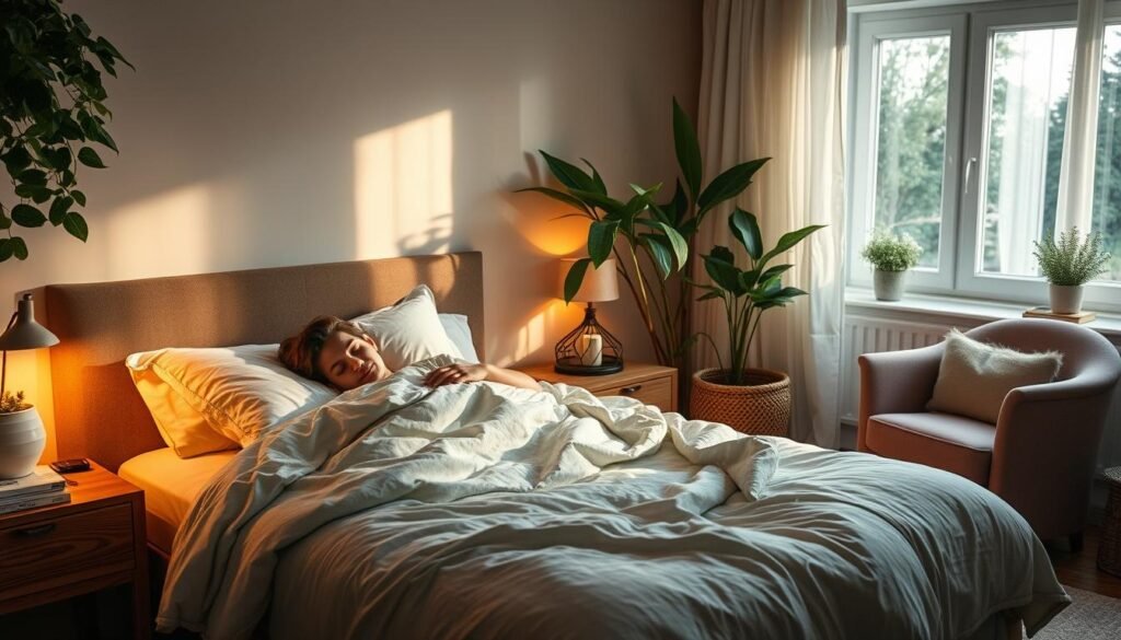 A serene bedroom bathed in soft, warm lighting. On the bed, a person sleeping peacefully, their face relaxed and their body nestled comfortably under a plush duvet. The room is decorated with soothing colors and textures, like natural wood furnishings and lush, verdant plants. A cozy reading nook in the corner, complete with a plush armchair and a stack of books, invites quiet contemplation. The atmosphere is one of tranquility and restoration, reflecting the importance of quality sleep for the mind and body.