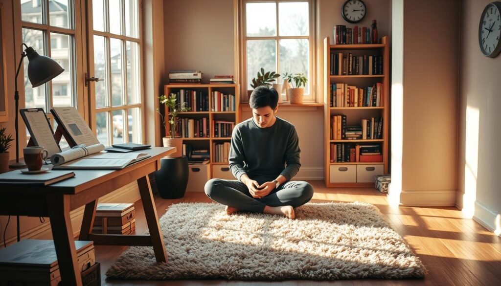 A serene study space, bathed in warm natural light from large windows. A wooden desk is neatly organized with a planner, a cup of tea, and several focused study materials. In the middle ground, a person sits cross-legged on a plush rug, deep in contemplation, using the Pomodoro technique. The background features a bookshelf filled with inspiring titles, and a subtle clock on the wall, highlighting the structure of a consistent routine. The overall atmosphere conveys a sense of focus, productivity, and time management mastery.