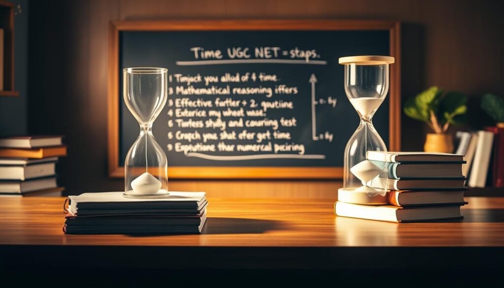 A serene study space with a wooden desk, an hourglass, and a stack of books on time management strategies for the UGC NET exam. Warm, soft lighting illuminates the scene, creating a focused and productive atmosphere. In the background, a minimalist chalkboard displays key tips for effective time allocation during the test. The overall composition conveys a sense of organization, discipline, and a commitment to mastering the mathematical and numerical reasoning section of the exam.