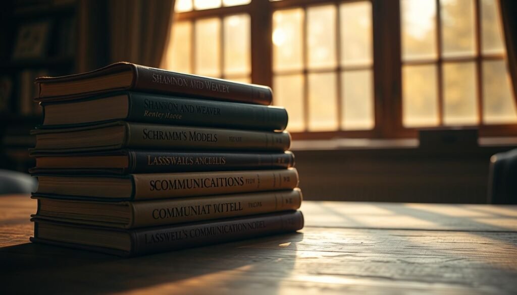 A stack of well-worn communication theory reference books sits on a wooden desk, partially obscured by shadows. The books feature titles like "Shannon and Weaver," "Schramm's Models," and "Lasswell's Communication Model." Soft, diffused lighting illuminates the spines, highlighting the aged leather and cracked bindings. In the background, a large window casts a warm, golden glow, hinting at the intellectual discourse unfolding within these pages. The overall atmosphere is one of contemplation and the weight of scholarly tradition, inviting the viewer to delve deeper into the nuances of communication models.