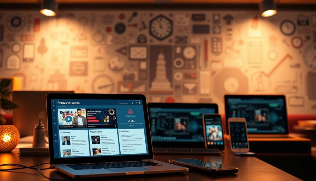 A vibrant and visually engaging online learning environment for UGC NET ICT preparation. In the foreground, a sleek and modern e-learning platform interface, with interactive course modules, practice tests, and multimedia resources. The middle ground features various digital devices, such as laptops, tablets, and smartphones, showcasing the platform's accessibility and cross-device compatibility. The background depicts a backdrop of professional-looking illustrations and graphics related to information and communication technology, creating a sense of depth and reinforcing the academic nature of the content. The lighting is warm and inviting, with a subtle glow that enhances the digital atmosphere. The overall mood is one of productivity, learning, and technological sophistication, perfectly suited for UGC NET candidates seeking comprehensive ICT preparation.