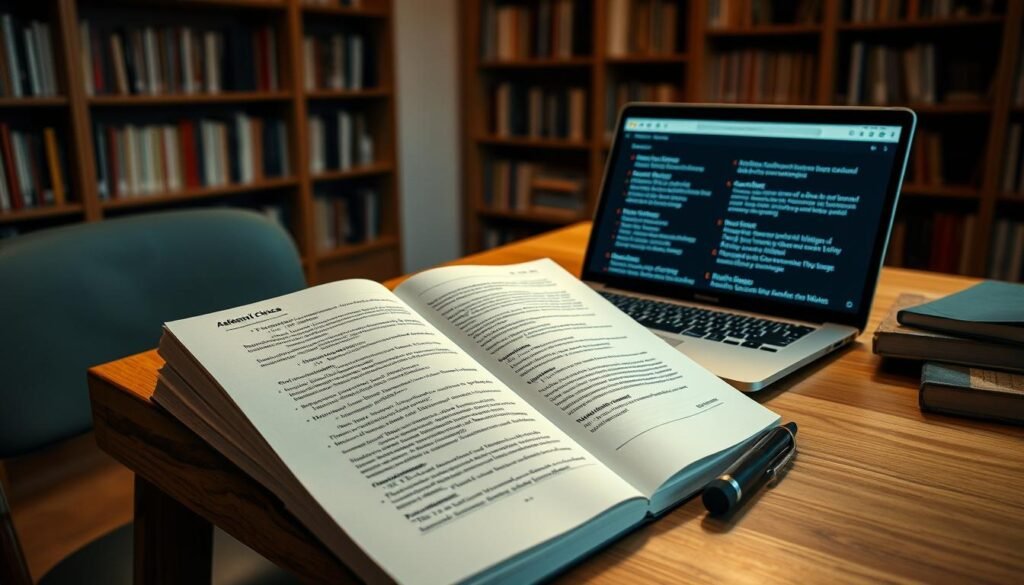 A well-lit academic workspace with a desk, chair, and bookshelves in the background. On the desk, an open book with academic citations and references, a pen, and a laptop displaying various citation styles like APA, MLA, and Chicago. Soft, warm lighting illuminates the scene, conveying a focused, scholarly atmosphere. The layout suggests the importance of properly referencing sources in rigorous academic research. The image should feel visually engaging yet informative, reflecting the subject of "Referencing and Attribution in Research".